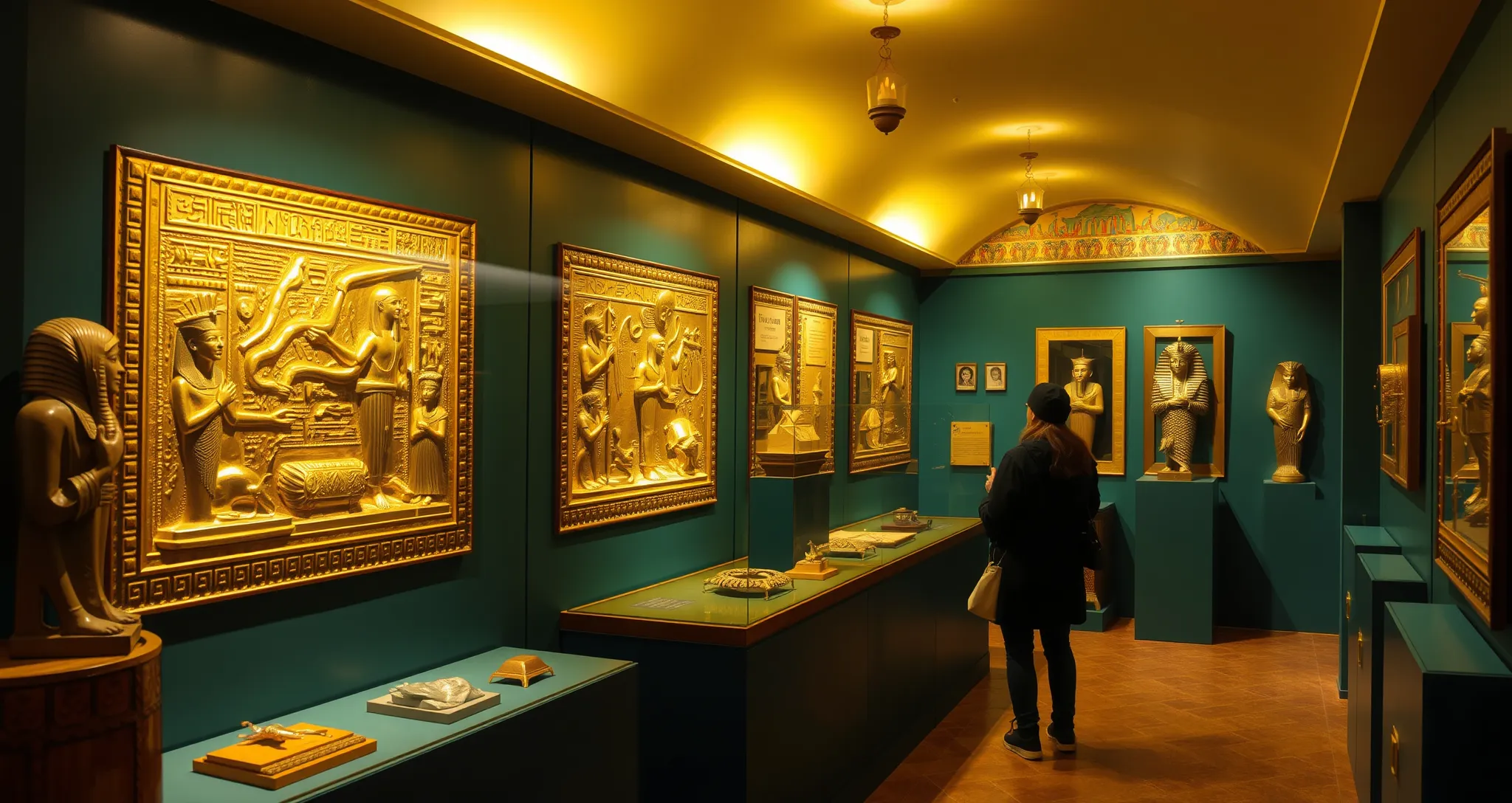 Exhibit showcasing gold artifacts from ancient Egypt.